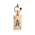 Perfume bottle with gold cap and clear body featuring a black 'A' design on a white background