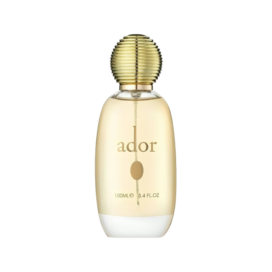Perfume bottle labeled 'ador' on a white background