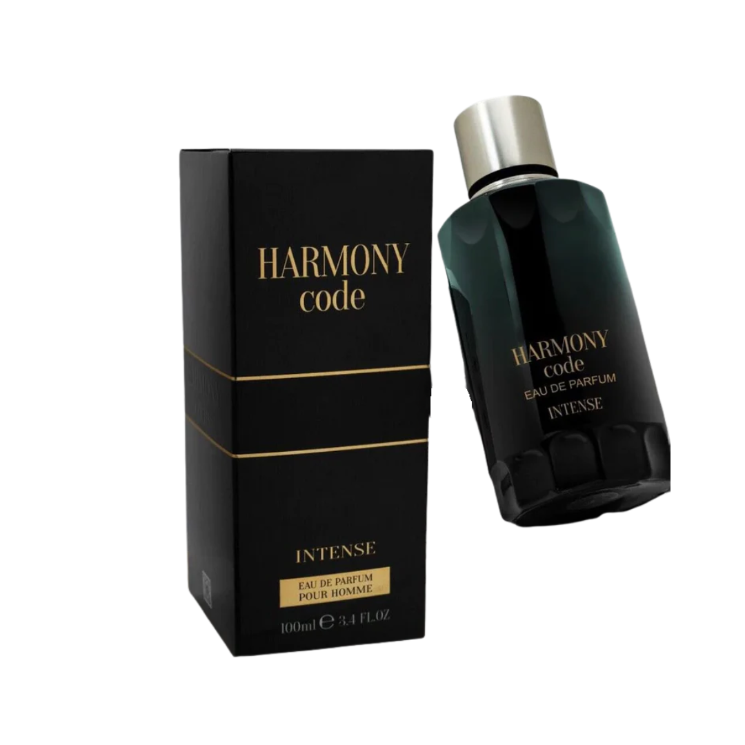 Fragrance World Harmony Code Intense 100ml men’s Eau de Parfum featuring a dark glass perfume bottle with gold cap displayed alongside a black and gold branded box packaging
