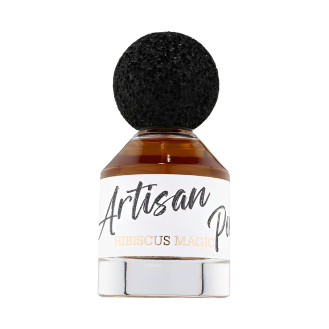 Fragrance World Hibiscus Magic Artisan Perfumery 100ml Eau de Parfum unisex fragrance bottle with amber glass design, black textured cap, and minimalist white label displayed on a white background