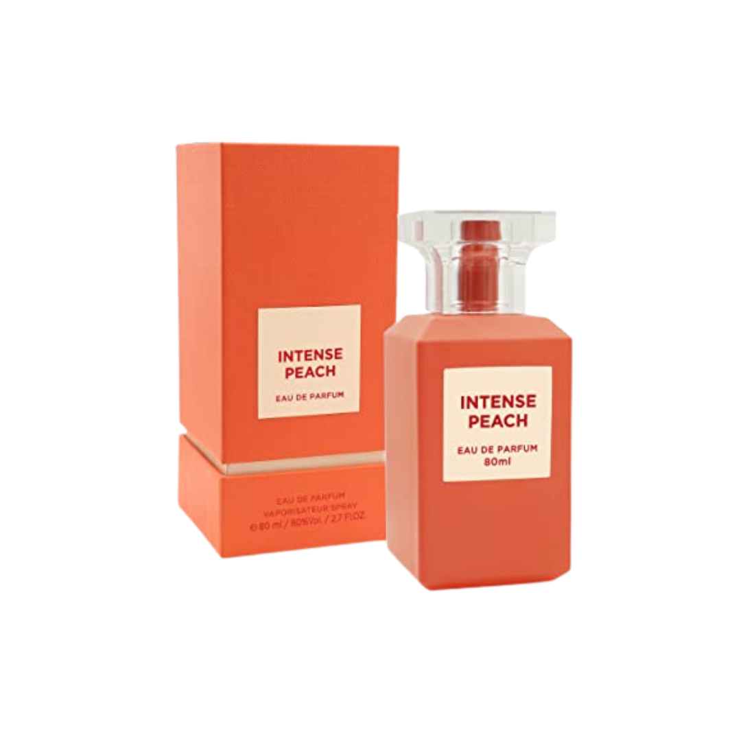 Fragrance World Intense Peach 80ml Eau de Parfum unisex perfume bottle in orange glass with matching branded box packaging displayed together