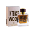 Fragrance World Intense Wood 100ml Eau de Parfum for men featuring a brown glass perfume bottle with gold cap displayed alongside its matching branded box