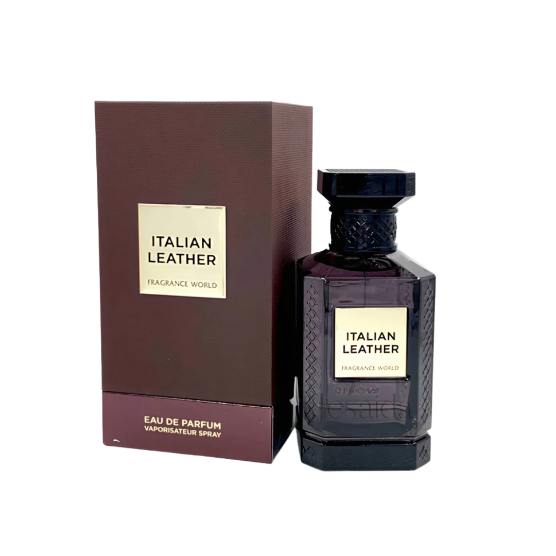 Fragrance World Italian Leather 80ml Eau de Parfum unisex perfume bottle with dark textured glass and square cap, displayed alongside its matching brown luxury box packaging