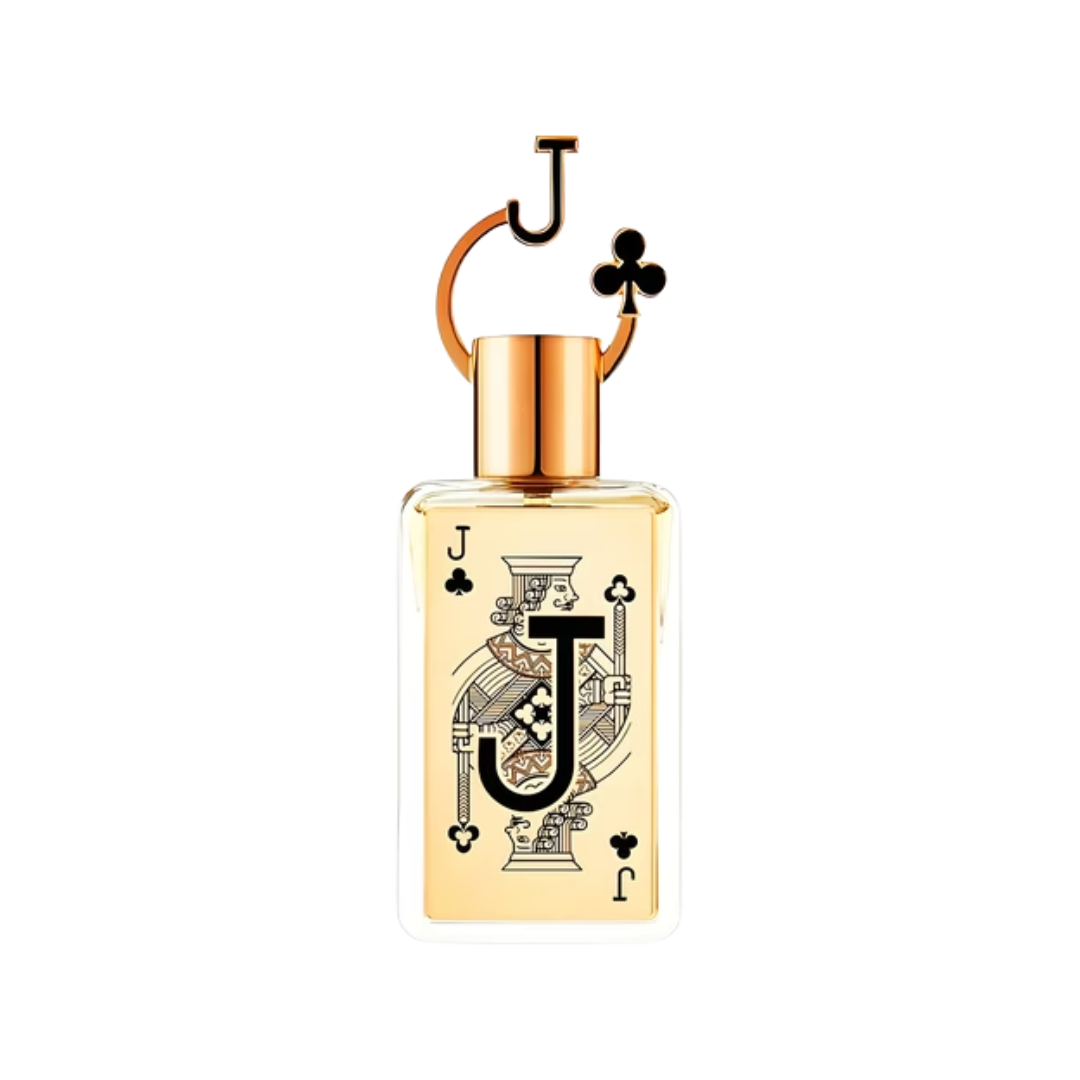 Jack Of Clubs by Fragrance World men’s perfume bottle featuring a gold playing-card inspired design with decorative cap, displayed against a clean background