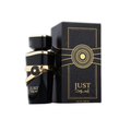Fragrance World Just Aswad 100ml Eau de Parfum unisex spicy oud perfume bottle with black and gold design displayed alongside its matching luxury box
