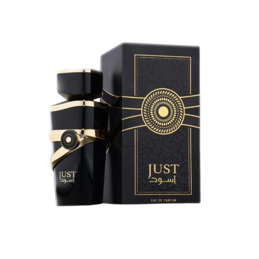 Fragrance World Just Aswad 100ml Eau de Parfum unisex spicy oud perfume bottle with black and gold design displayed alongside its matching luxury box