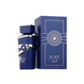 Fragrance World Just Azraq 100ml Eau de Parfum for men featuring a deep blue perfume bottle with silver accents, displayed alongside its matching blue branded box