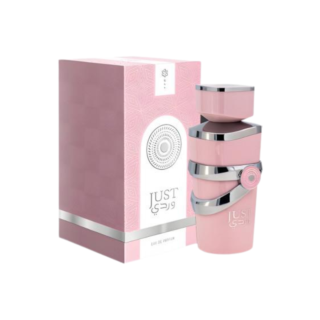 Fragrance World Just Wardi 100ml Eau de Parfum women’s perfume featuring a soft pink bottle with silver accents, displayed alongside its matching pink luxury box