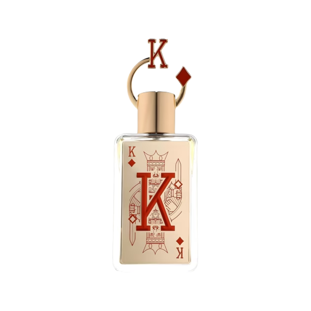Fragrance World King 100ml Eau de Parfum unisex aromatic fragrance bottle with cream-colored glass, red “K” playing-card inspired design, and gold cap displayed on a clean background