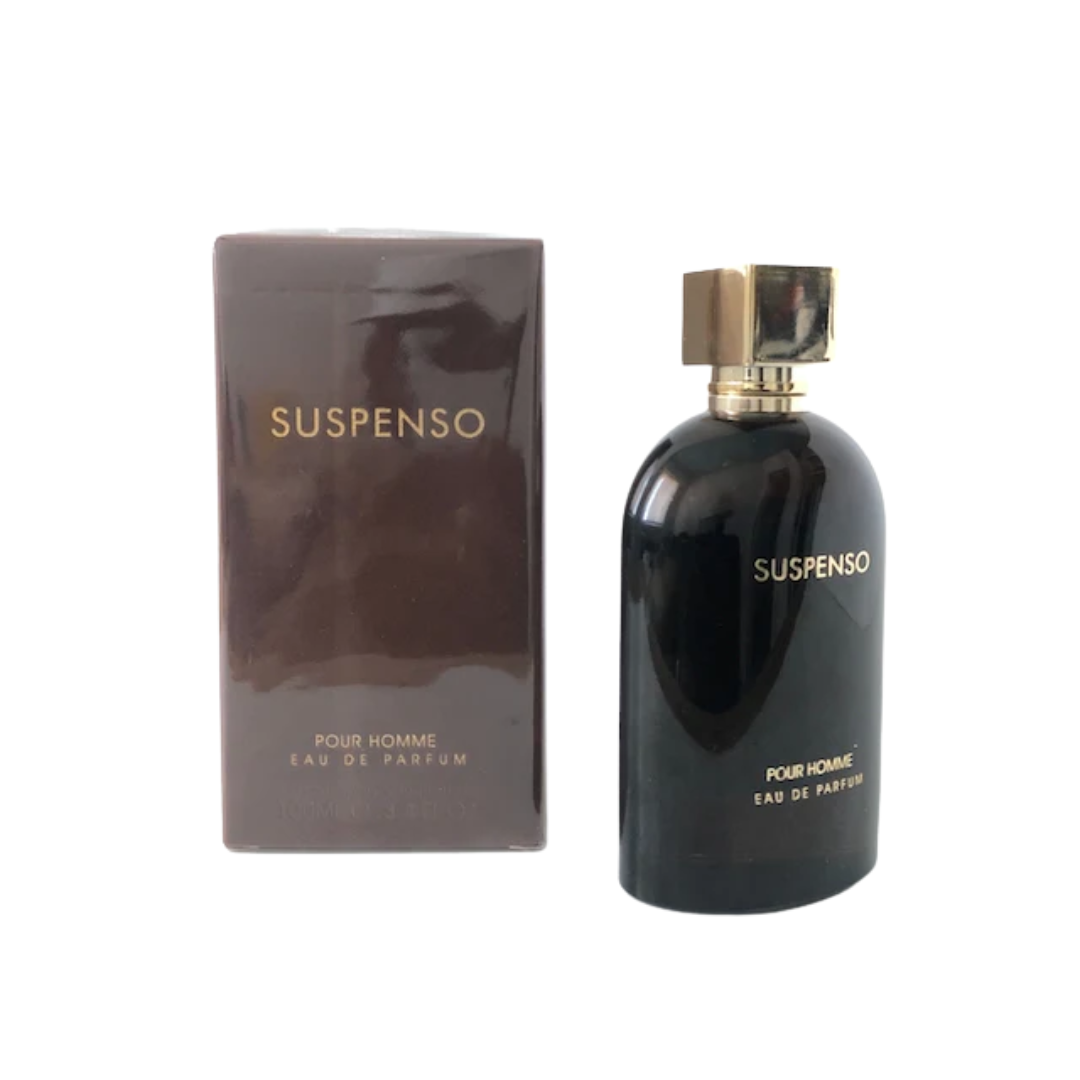 Fragrance World Suspenso 100ml EDP with elegant black bottle and packaging.
