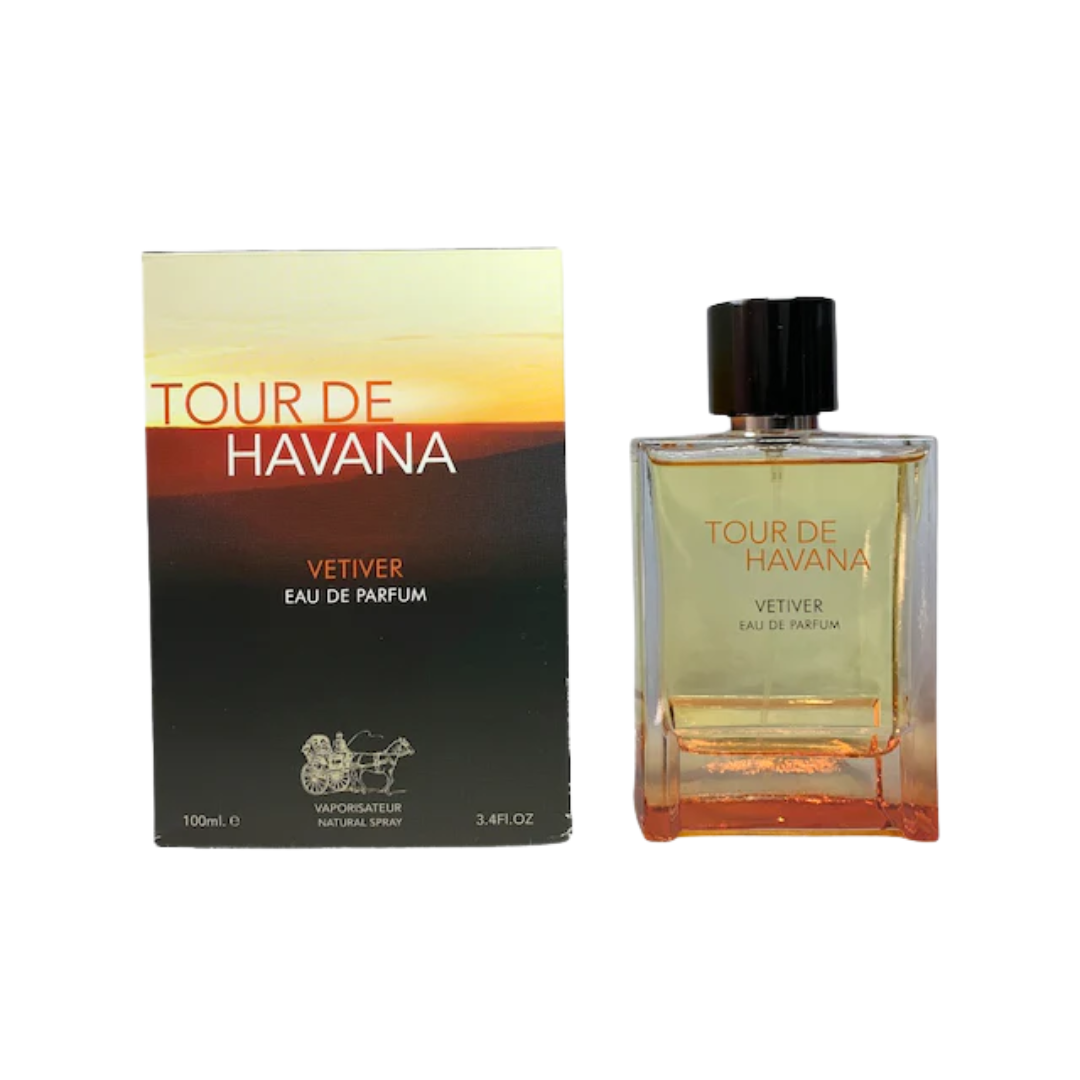 Fragrance World Tour De Havana Vetiver 100ml with box, showcasing a fresh citrus and vetiver fragrance.