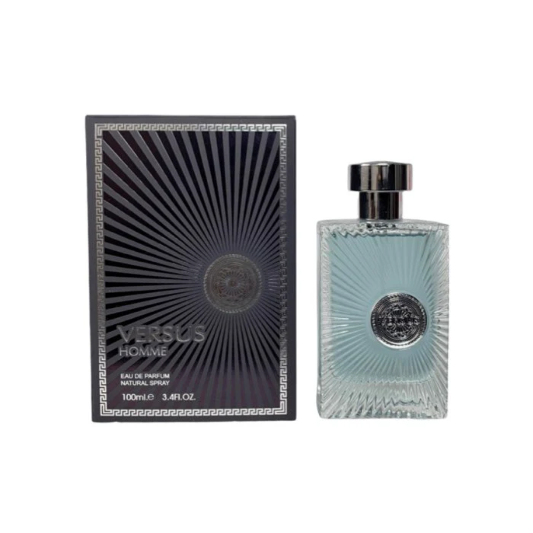 Fragrance World Versus Homme 100ml with box, showcasing a sleek bottle design for a long-lasting, fresh, and refined men's fragrance.