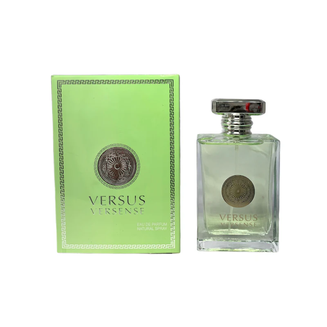 Fragrance World Versus Versense 100ml with box, showcasing a fresh, vibrant green bottle design for a citrus woody unisex fragrance.