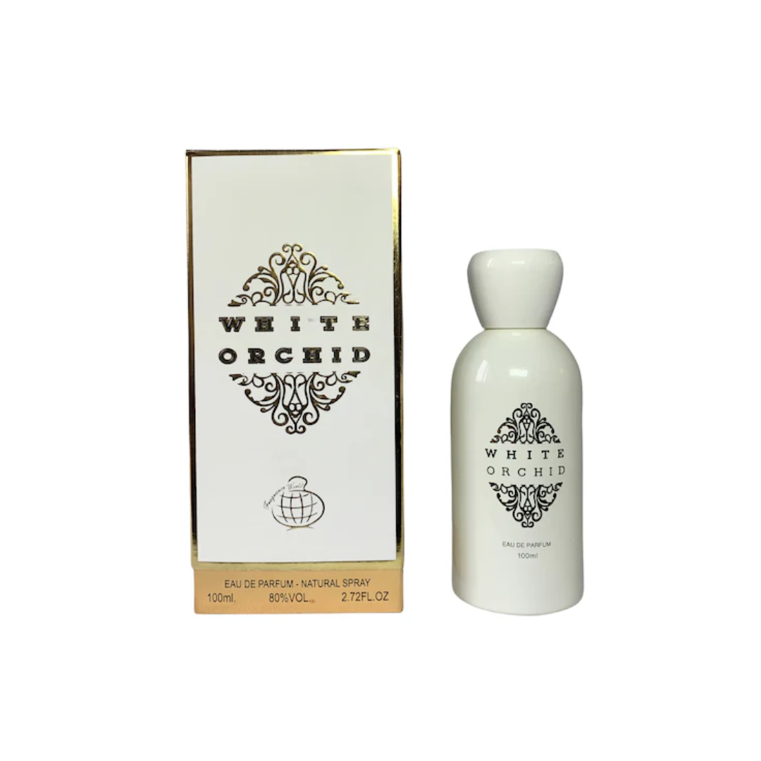Fragrance World White Orchid 100ml with box, showcasing an elegant white bottle design for a long-lasting floral fragrance.