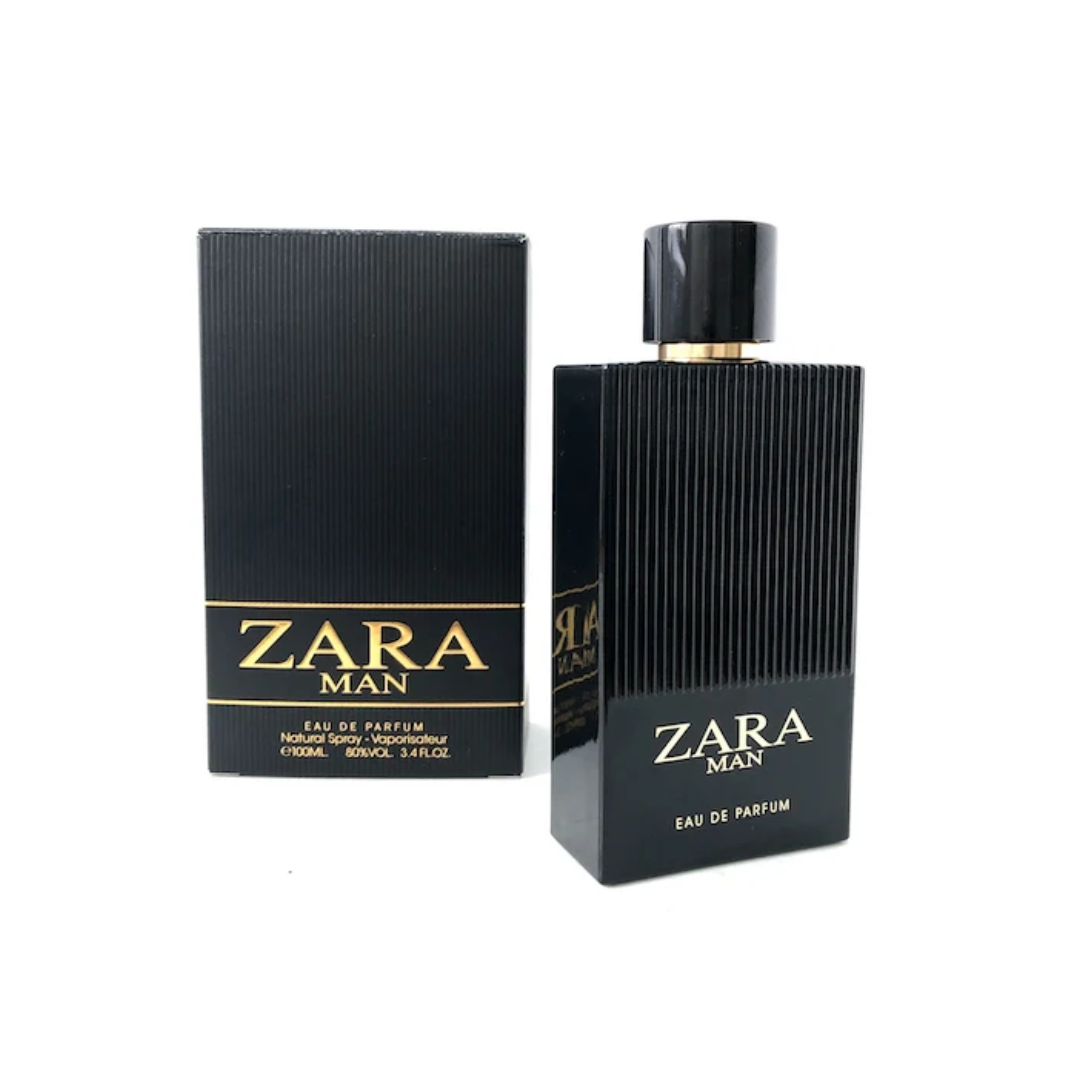 Fragrance World Zara Man 100ml with box, showcasing a sleek black bottle design for a long-lasting, refined men's fragrance.