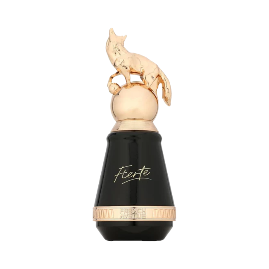 French Avenue Fierte Eau de Parfum 80ml in a unique black bottle with a gold wolf figurine cap, featuring the Fierte logo.