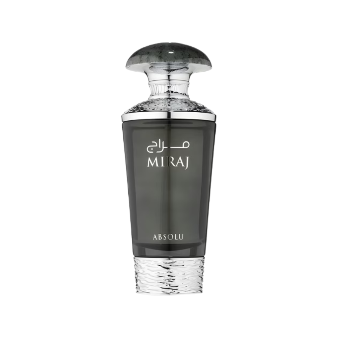 Miraj Absolu 100ml Eau de Parfum for Women by French Avenue, featuring an elegant dark bottle with a silver cap, designed with sleek detailing for a sophisticated look.