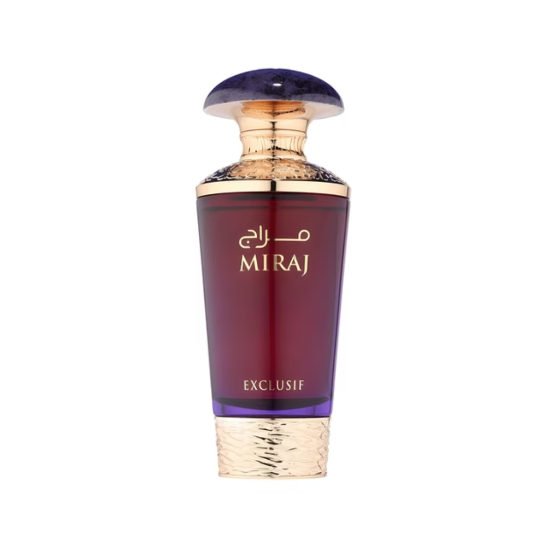 Miraj Exclusif 100ml Eau de Parfum for Women by French Avenue, featuring a luxurious dark purple bottle with gold detailing, exuding elegance and sophistication.