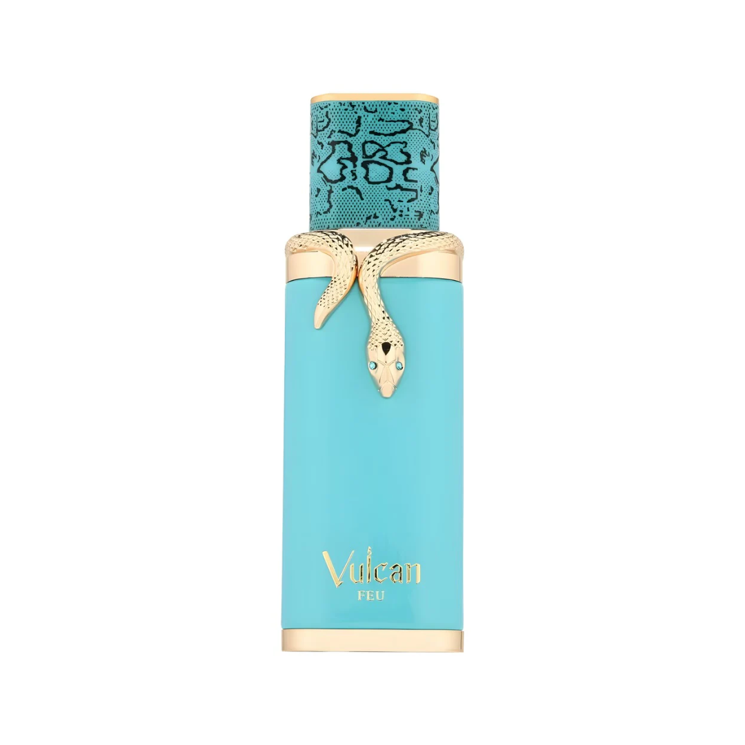 French Avenue Vulcan Feu 100ml with a distinctive turquoise bottle design and snake motif, showcasing a vibrant and long-lasting unisex fragrance.