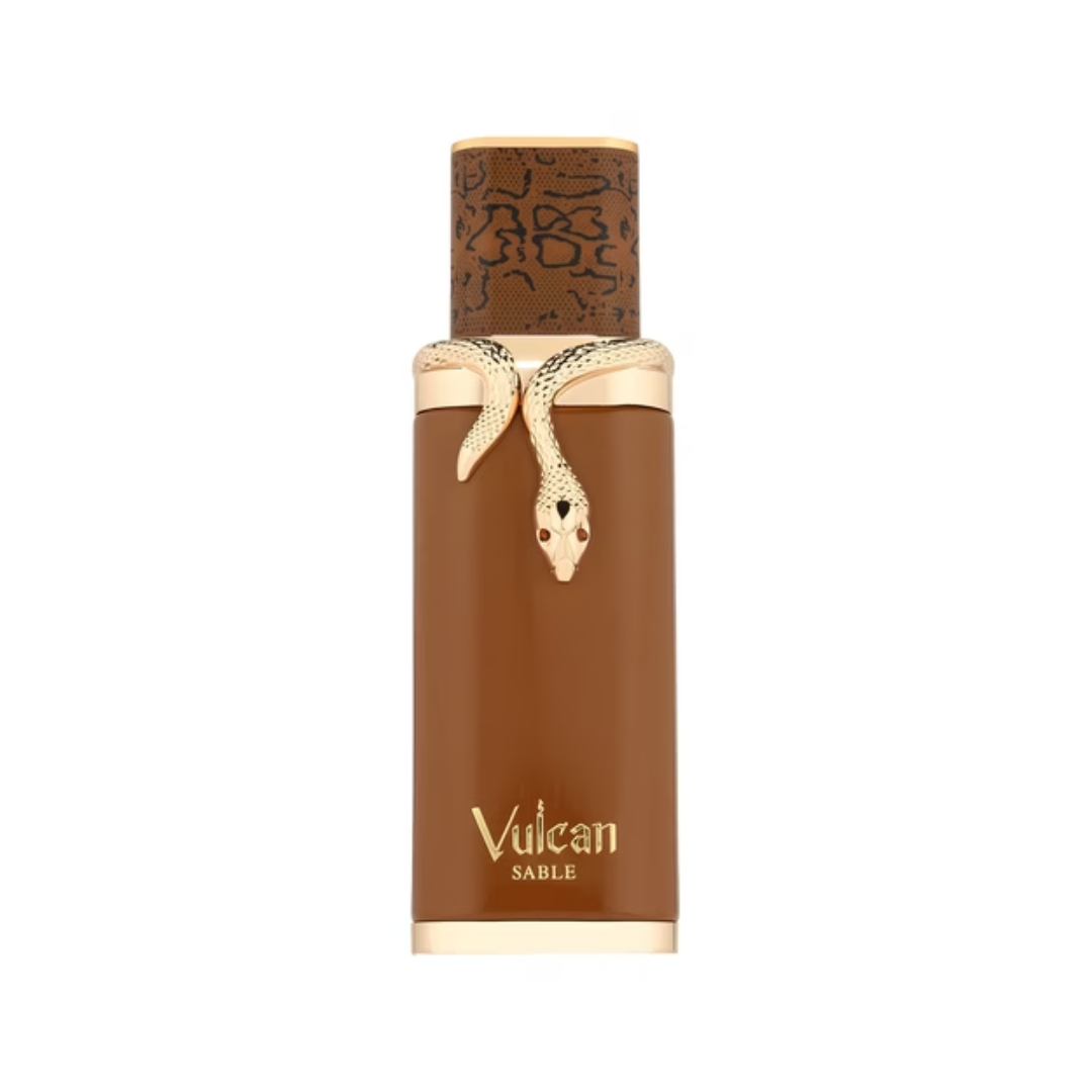 French Avenue Vulcan Sable 100ml with a distinctive brown bottle design featuring a snake motif, showcasing a warm and aromatic unisex fragrance.