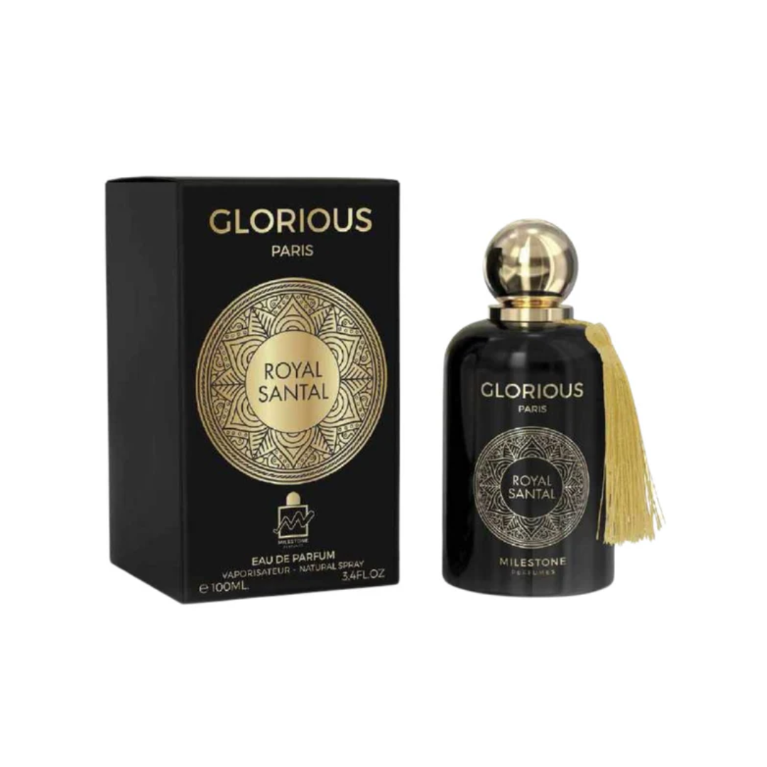 Bottle of Glorius Royal Santal Eau De Parfum 100ml creamy sandalwood unisex fragrance