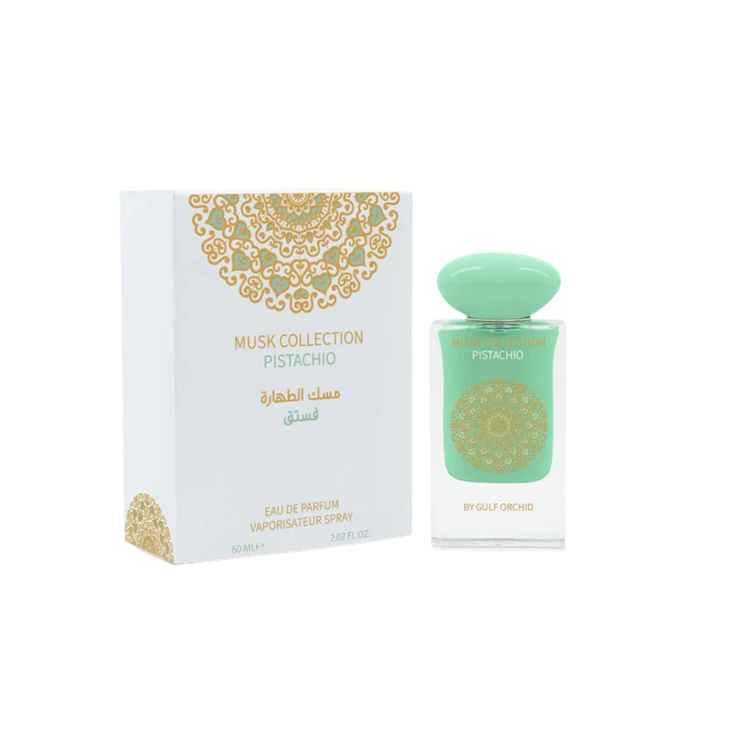 Gulf Orchid Musk Pistachio 100ml bottle with pistachio, vanilla, and musk notes, offering a warm, long-lasting gourmand fragrance.
