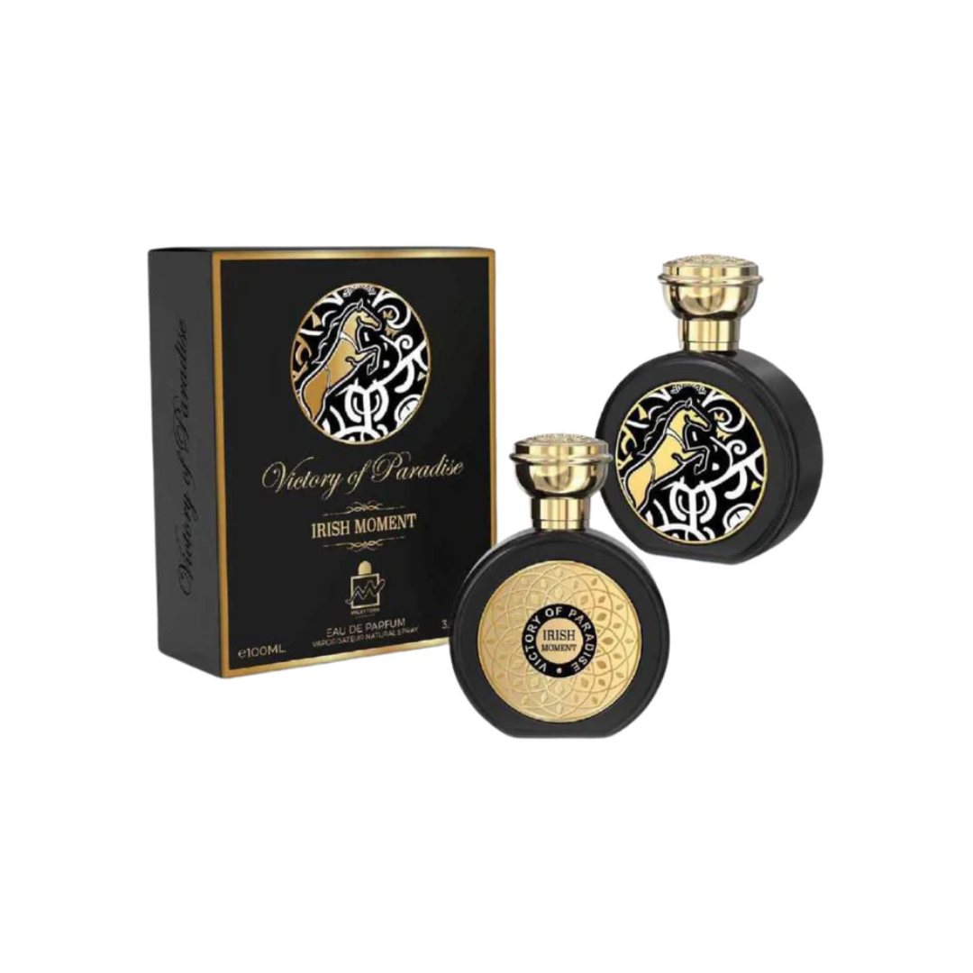 Irish Moment 100ml Victory Of Paradise with box, showcasing an elegant bottle design for a fresh, aromatic men's fragrance.