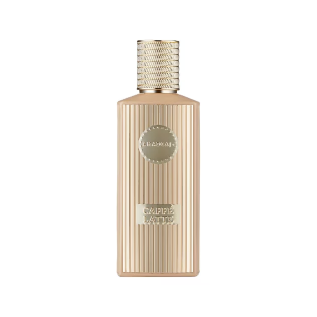 Khadlaj Caffe Latte 100ml EDP bottle design, showcasing a sleek, elegant look for a unisex coffee and vanilla fragrance.