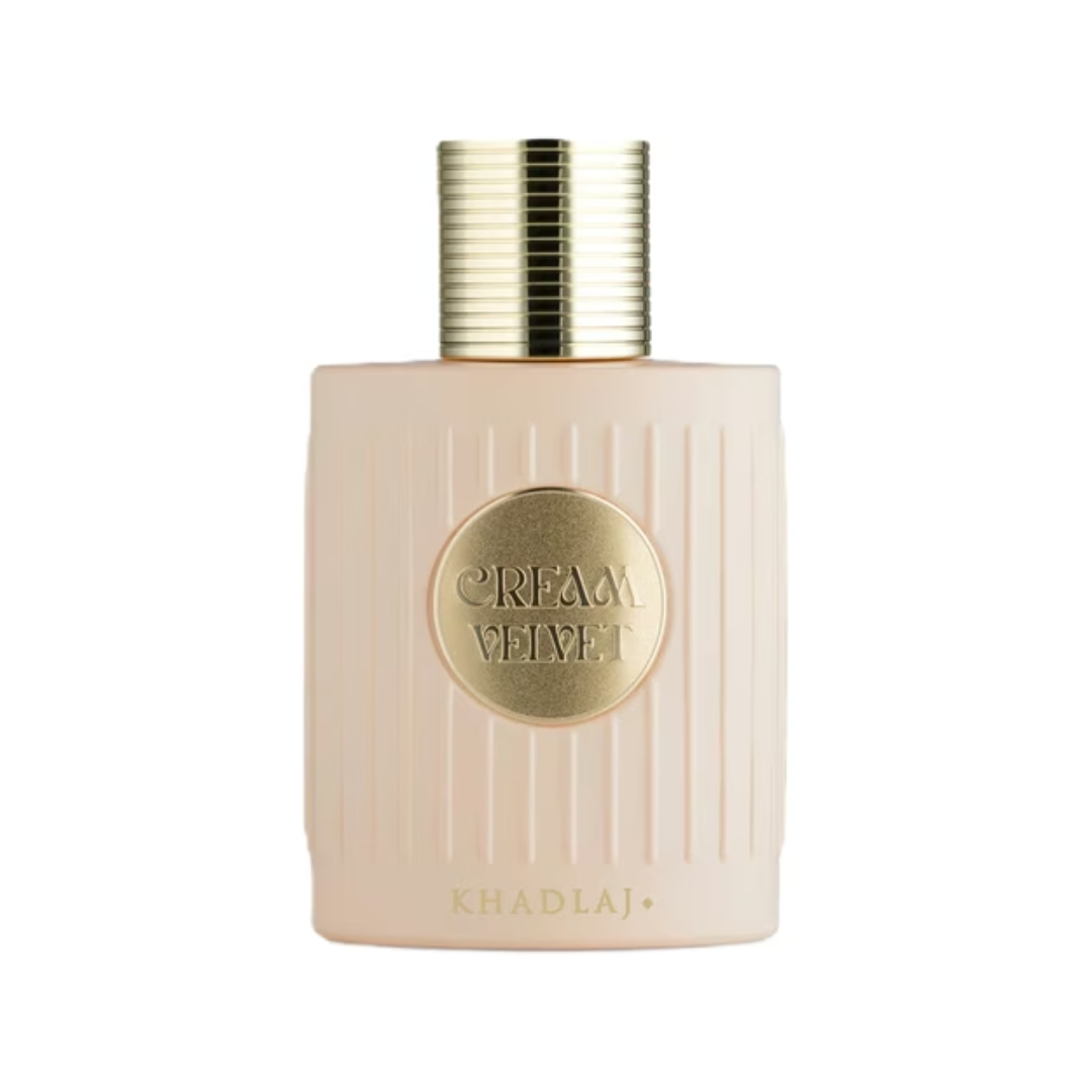 Khadlaj Cream Velvet Eau de Parfum 100ml in a stylish ribbed bottle with a gold cap, featuring the Cream Velvet logo.