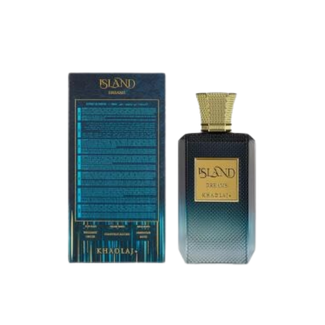 Khadlaj Island Dreams 100ml Eau de Parfum featuring a gradient blue-green glass perfume bottle with gold cap displayed alongside its matching branded box