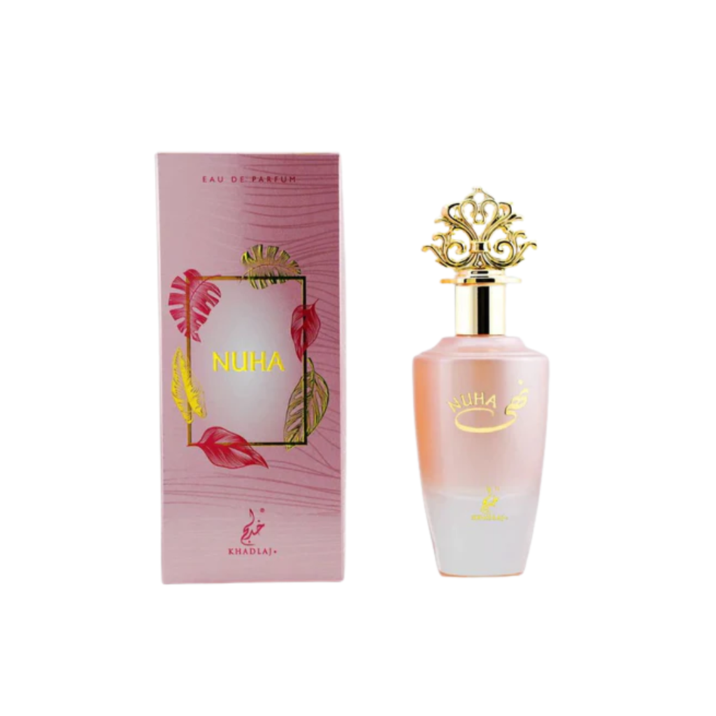 Perfume bottle and packaging with 'NUHA' branding on a white background