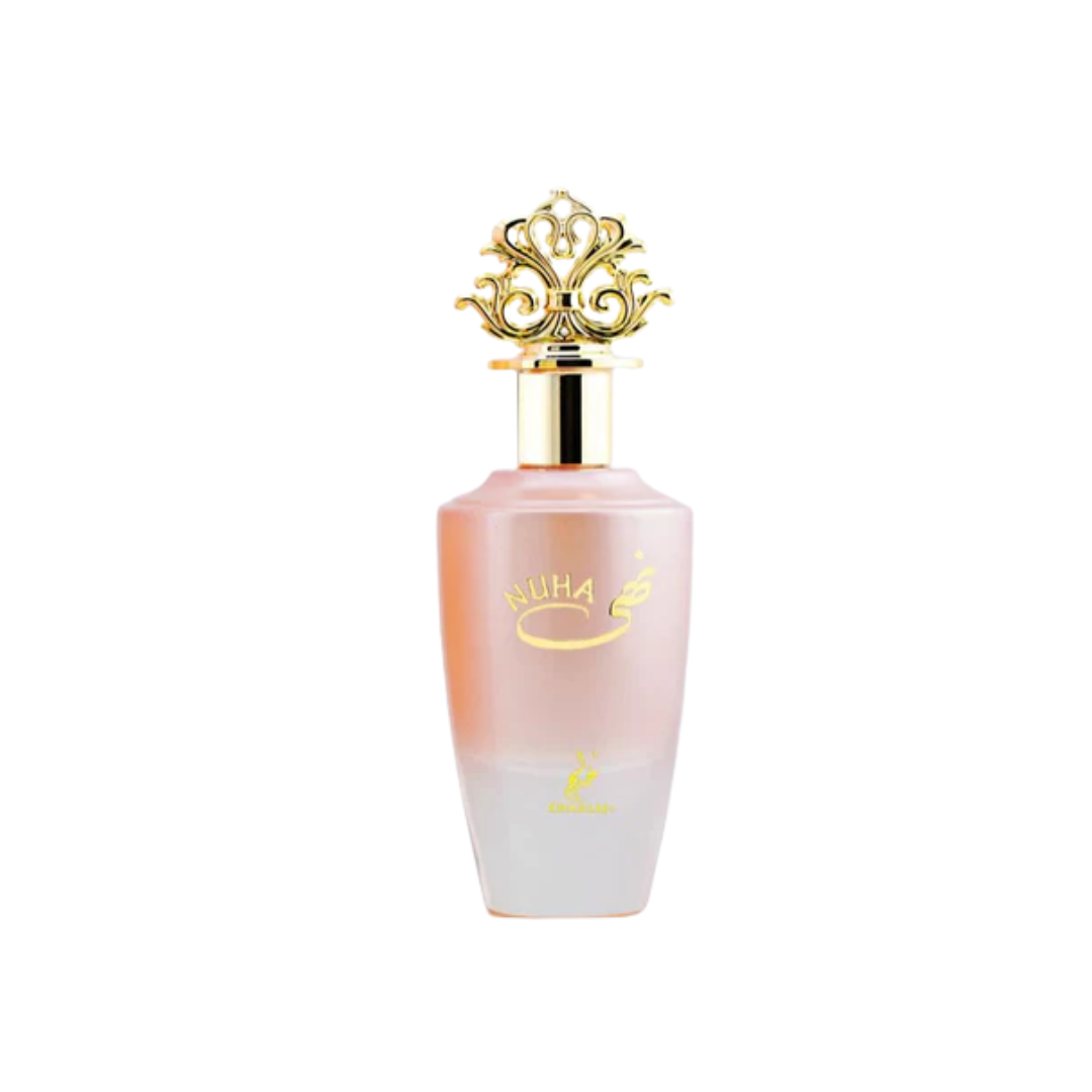Perfume bottle with gold cap and gradient design on a white background