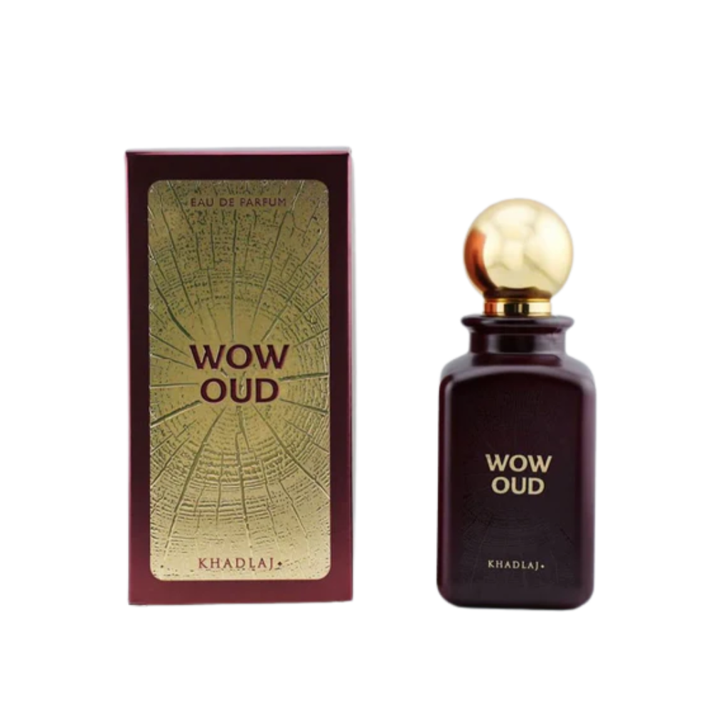 Perfume bottle and packaging of 'Wow Oud' by Khadlaj on a white background