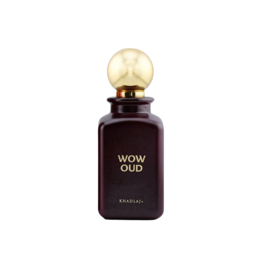 Perfume bottle labeled 'WOW OUD' by Khadlaj on a white background