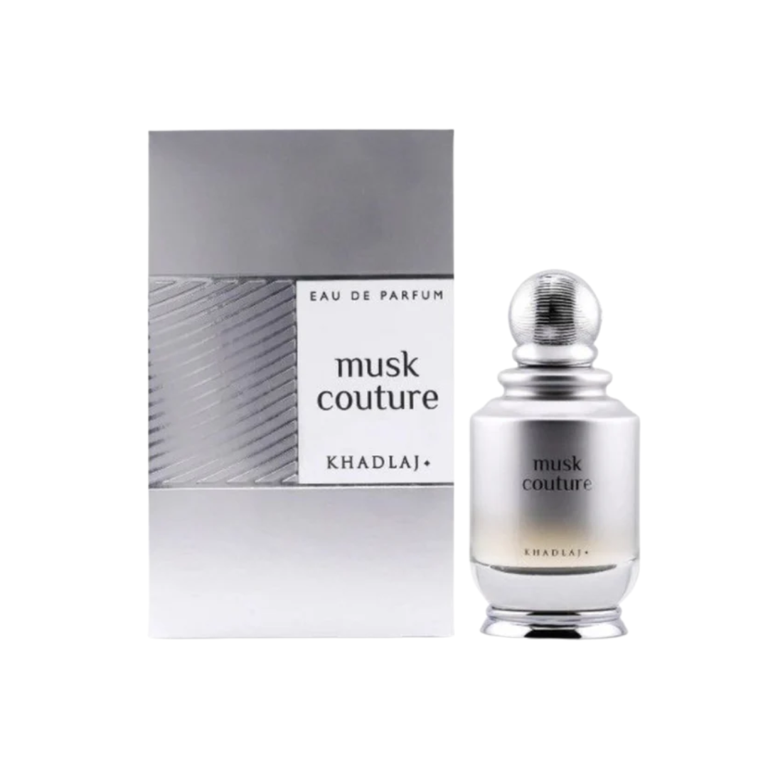 Khadlaj Musk Couture 100ml Eau de Parfum unisex powdery musk fragrance bottle with sleek silver-white design displayed alongside its matching minimalist box