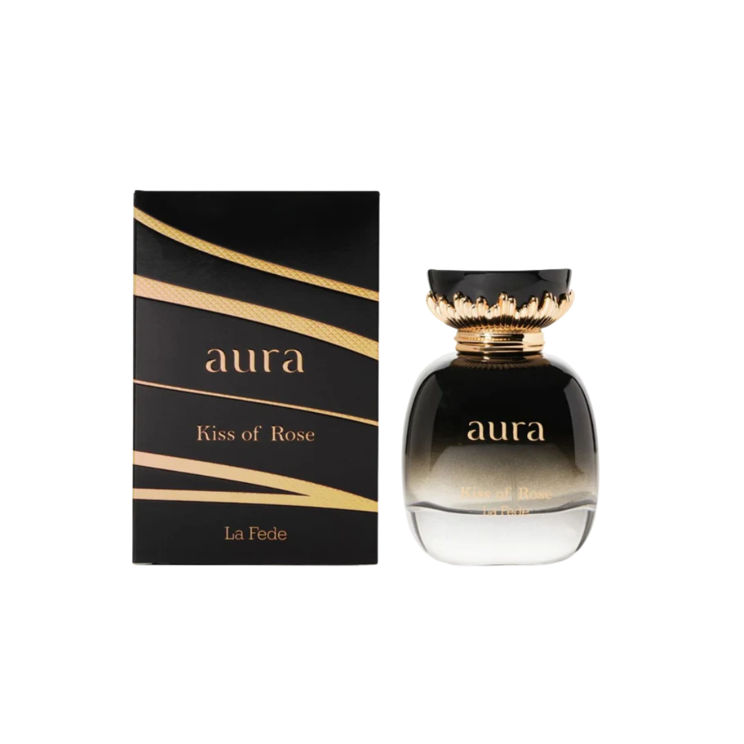 La Fede Aura Kiss of Rose by Khadlaj 100ml Eau de Parfum perfume bottle displayed with its black and gold luxury box packaging