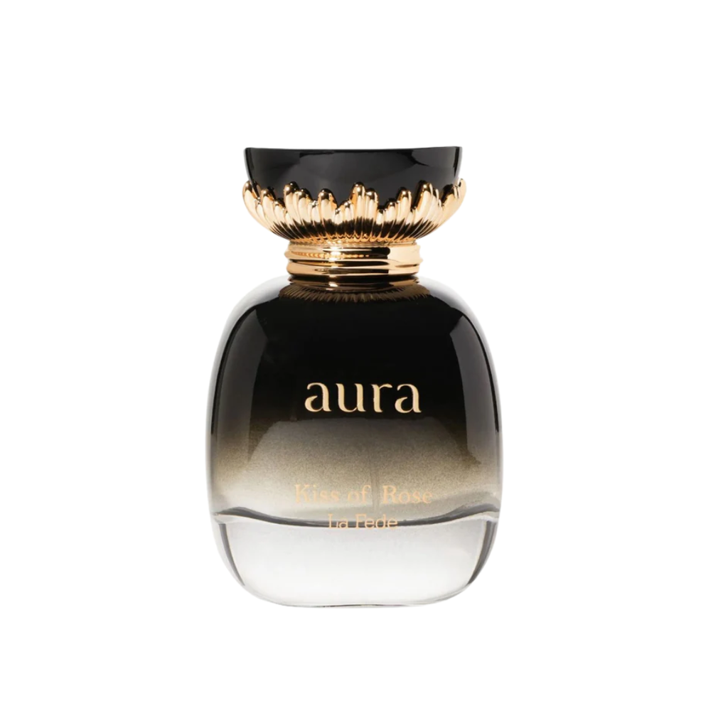 La Fede Aura Kiss of Rose by Khadlaj 100ml Eau de Parfum fragrance bottle with elegant black glass and gold crown-style cap displayed alone
