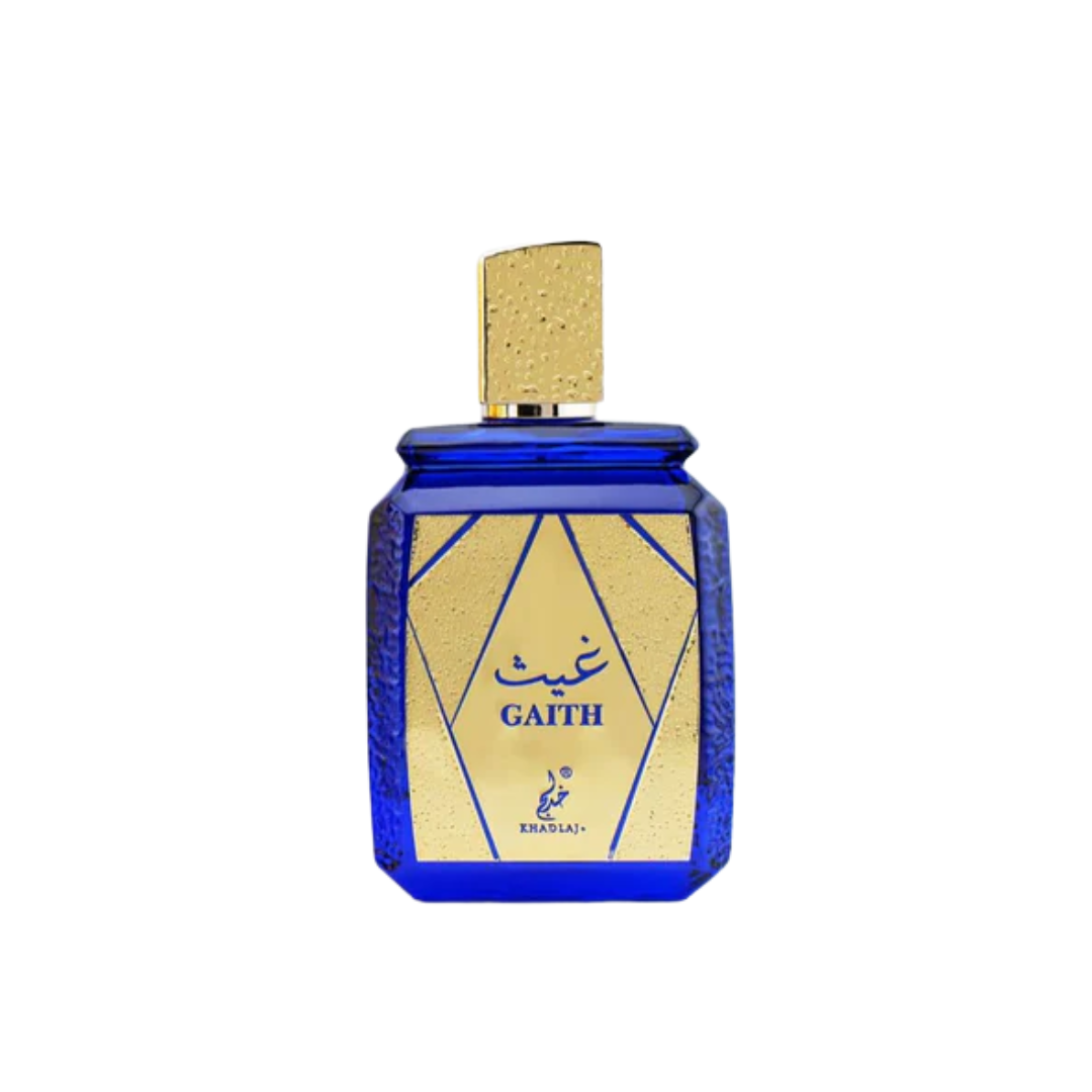 La Fede Gaith by Khadlaj 100ml Eau de Parfum perfume bottle with deep blue glass and gold cap displayed on a clean background