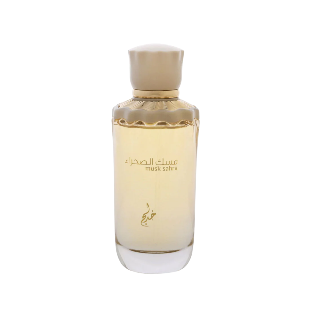 La Fede Musk Sahra 100ml Eau de Parfum long-lasting amber fragrance bottle with soft cream-gold glass design and matching cap displayed on a clean background