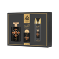 Lattafa Al Qiam Gold 3-Piece Gift Set featuring black and gold Eau De Parfum bottle, perfumed spray, and deodorant displayed inside a luxury presentation box