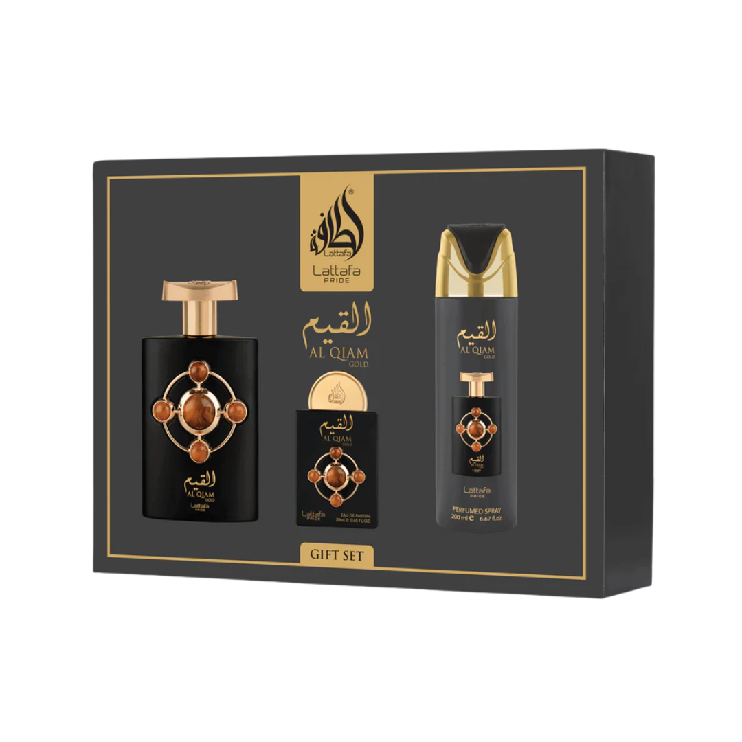 Lattafa Al Qiam Gold 3-Piece Gift Set featuring black and gold Eau De Parfum bottle, perfumed spray, and deodorant displayed inside a luxury presentation box
