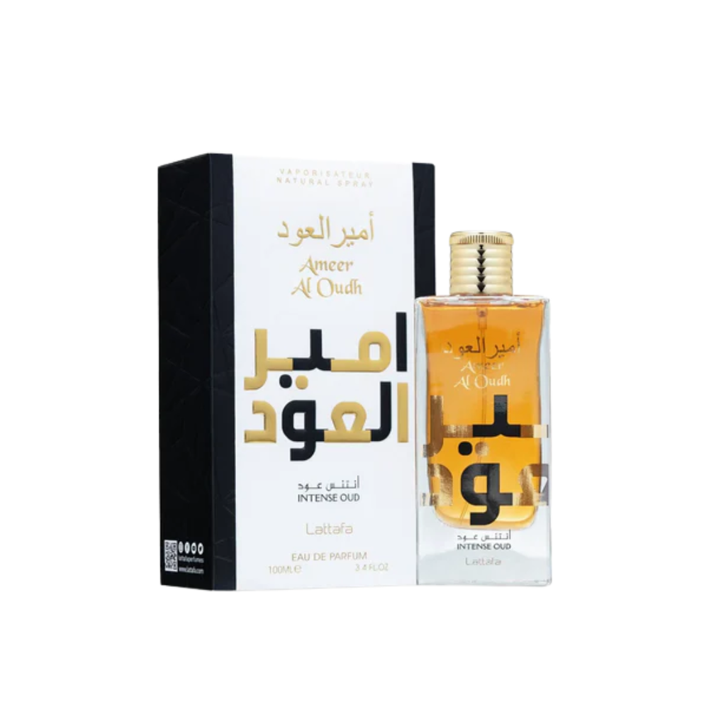 Ameer Al Oudh Intense Oud by Lattafa 100ml EDP bottle featuring rich amber-colored fragrance