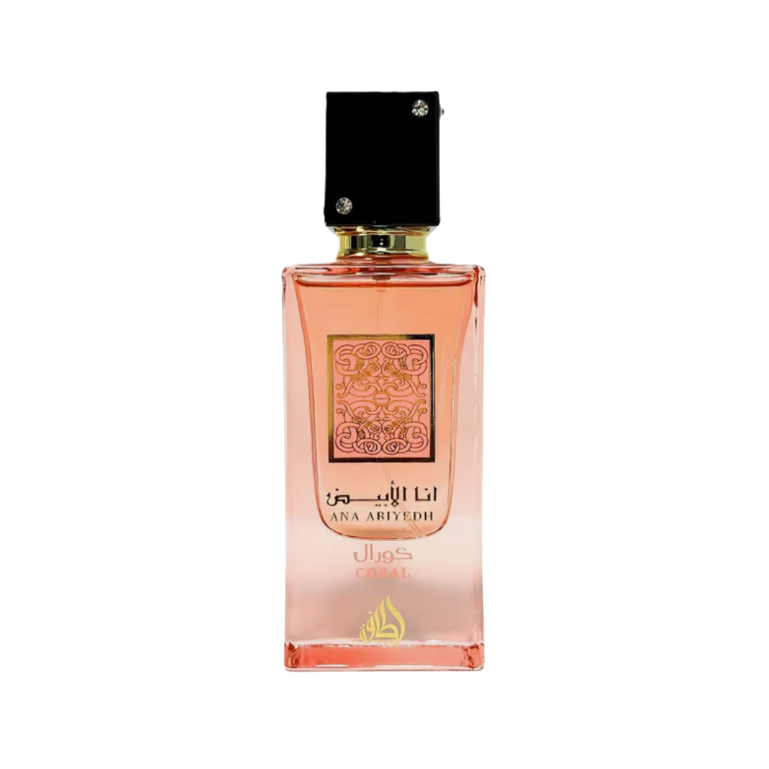 Ana Abiyedh Coral by Lattafa 100ml EDP bottle featuring soft coral-pink fragrance for men and women