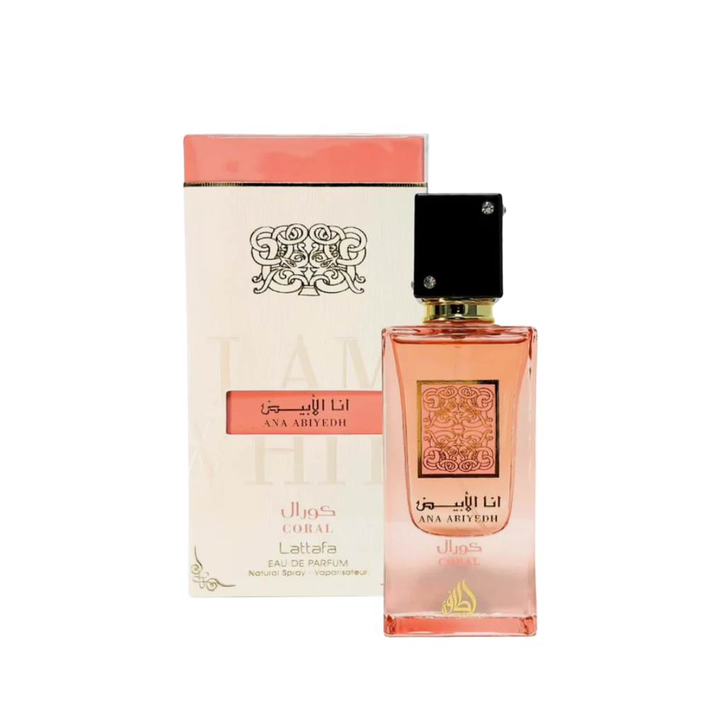 Lattafa Ana Abiyedh Coral Eau De Parfum 100ml unisex perfume bottle displayed with branded box