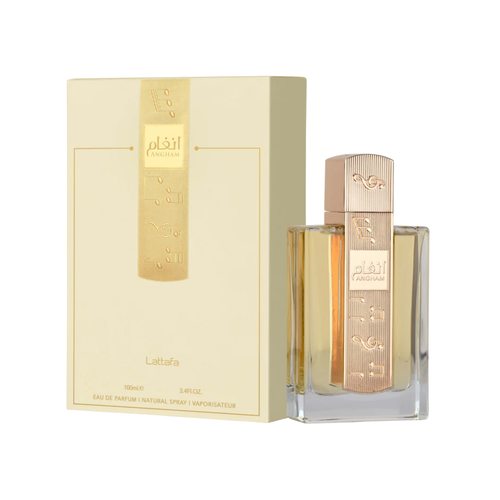 Lattafa Angham 100ml Eau de Parfum unisex vanilla fragrance bottle displayed with its elegant cream and gold branded box