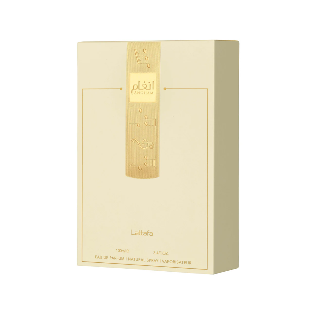 Lattafa Angham 100ml Eau de Parfum unisex fragrance bottle featuring clear glass design with warm vanilla-toned liquid and gold accents