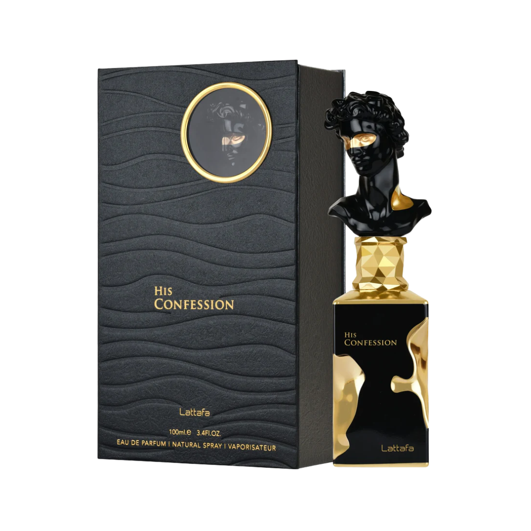 Lattafa His Confession 100ml Eau de Parfum for men featuring a black and gold luxury perfume bottle with sculpted cap, displayed alongside its matching branded box