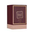 Lattafa Khamrah Dukhan 100ml Eau de Parfum unisex smoky fragrance displayed in a deep burgundy luxury box with gold detailing