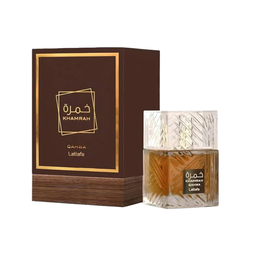 Lattafa Khamrah Qahwa 100ml Eau de Parfum unisex fragrance featuring a textured amber glass bottle with gold detailing, displayed alongside its matching brown luxury box