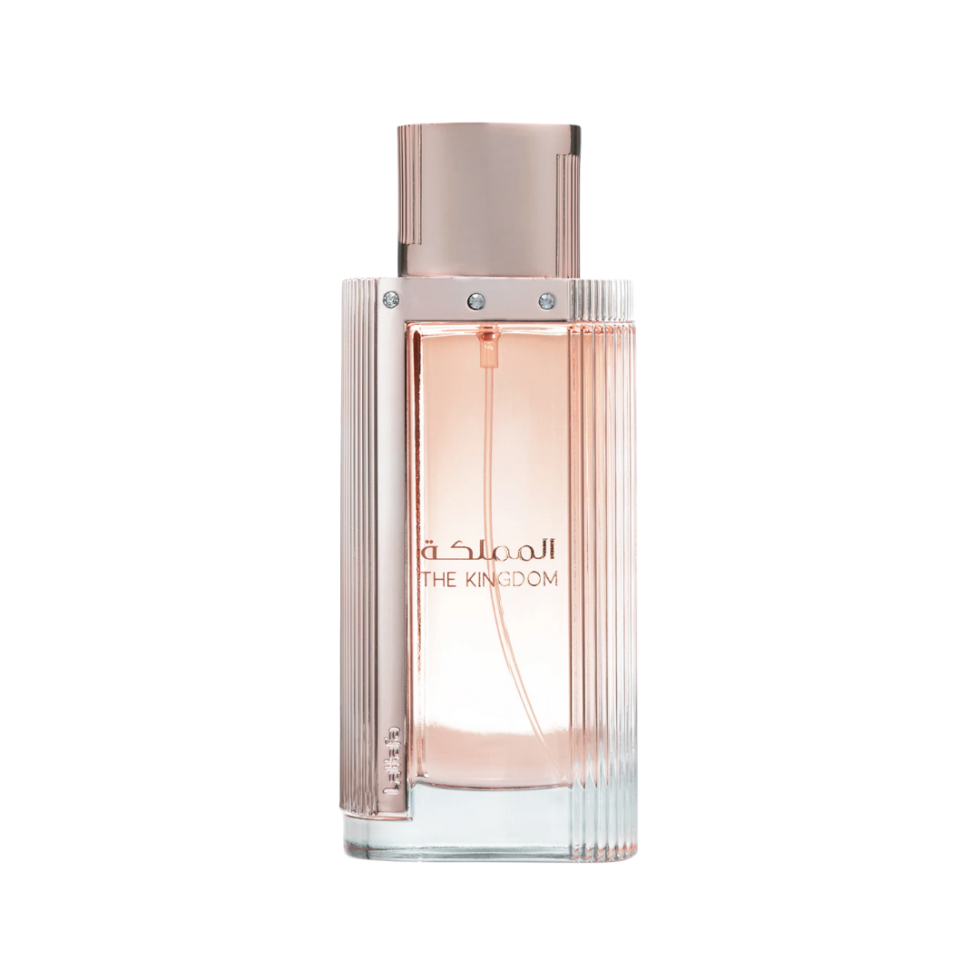 Lattafa Kingdom Women Eau de Parfum 100ml fragrance bottle with soft pink liquid in a clear rectangular glass design and metallic cap displayed on a clean background